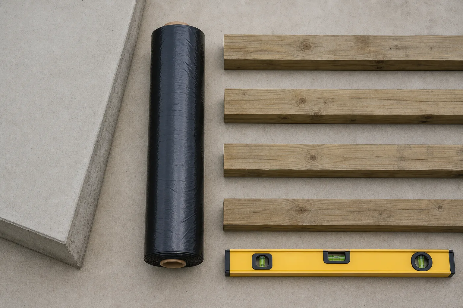 A section of sloped concrete slab edge, a roll of polyethylene sheeting, wooden sleeper battens and a spirit level arranged flat on a plain floor
