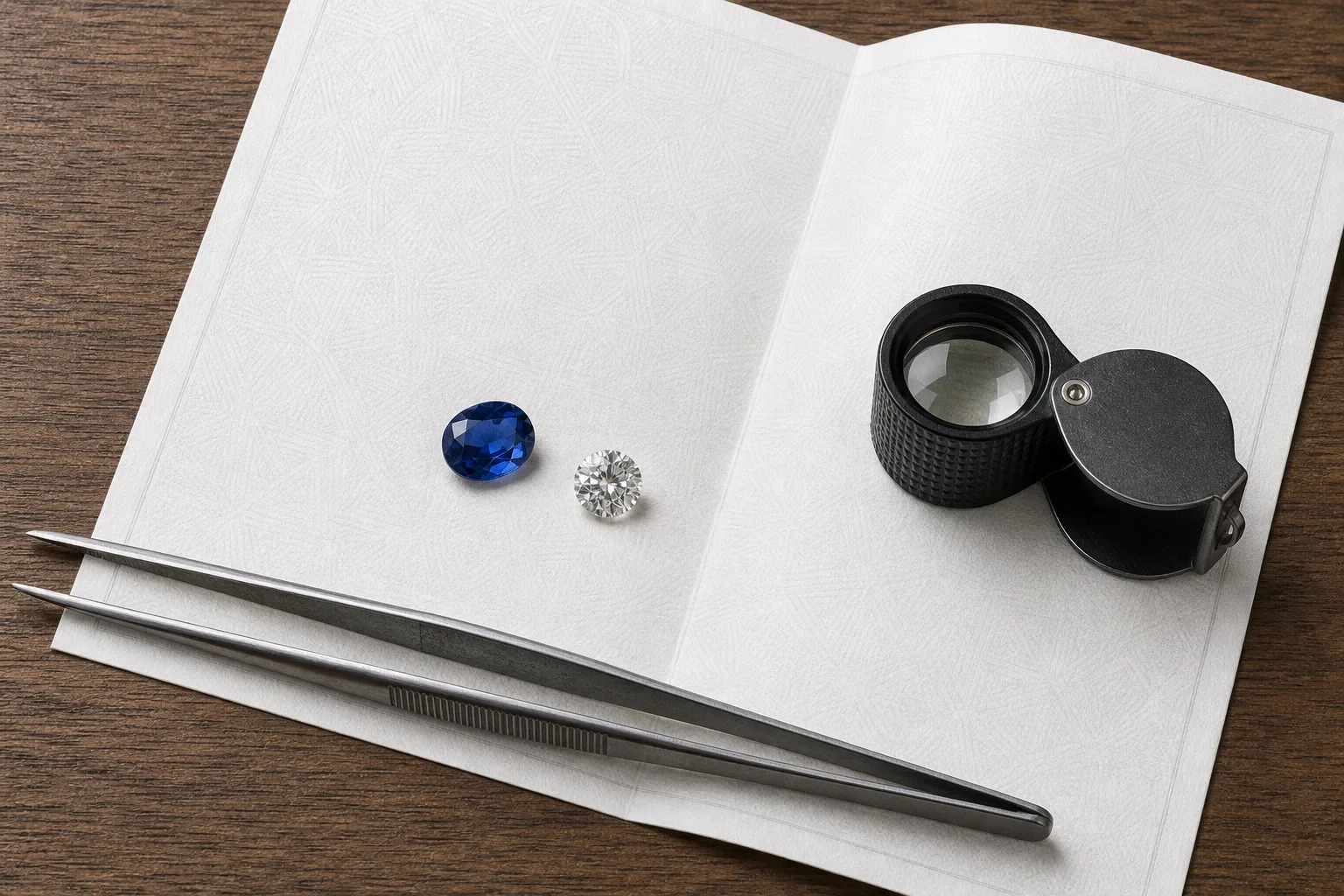 A loose sapphire and a loose diamond resting on a folded white gemological report next to a jeweler's loupe and tweezers on a wooden counter