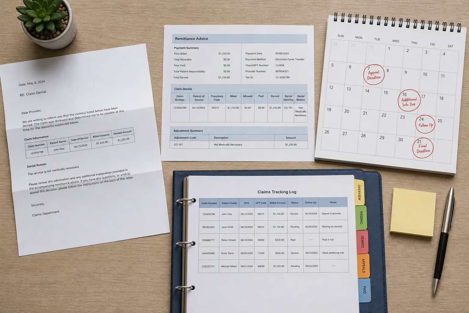 A desk with an open medical claim denial letter, a remittance advice printout, a chart binder with tabbed dividers, and a calendar showing marked deadlines