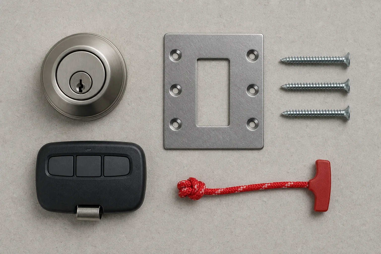 A deadbolt, a reinforced strike plate with long screws, a garage door opener remote and a short length of red pull cord arranged flat on a plain surface