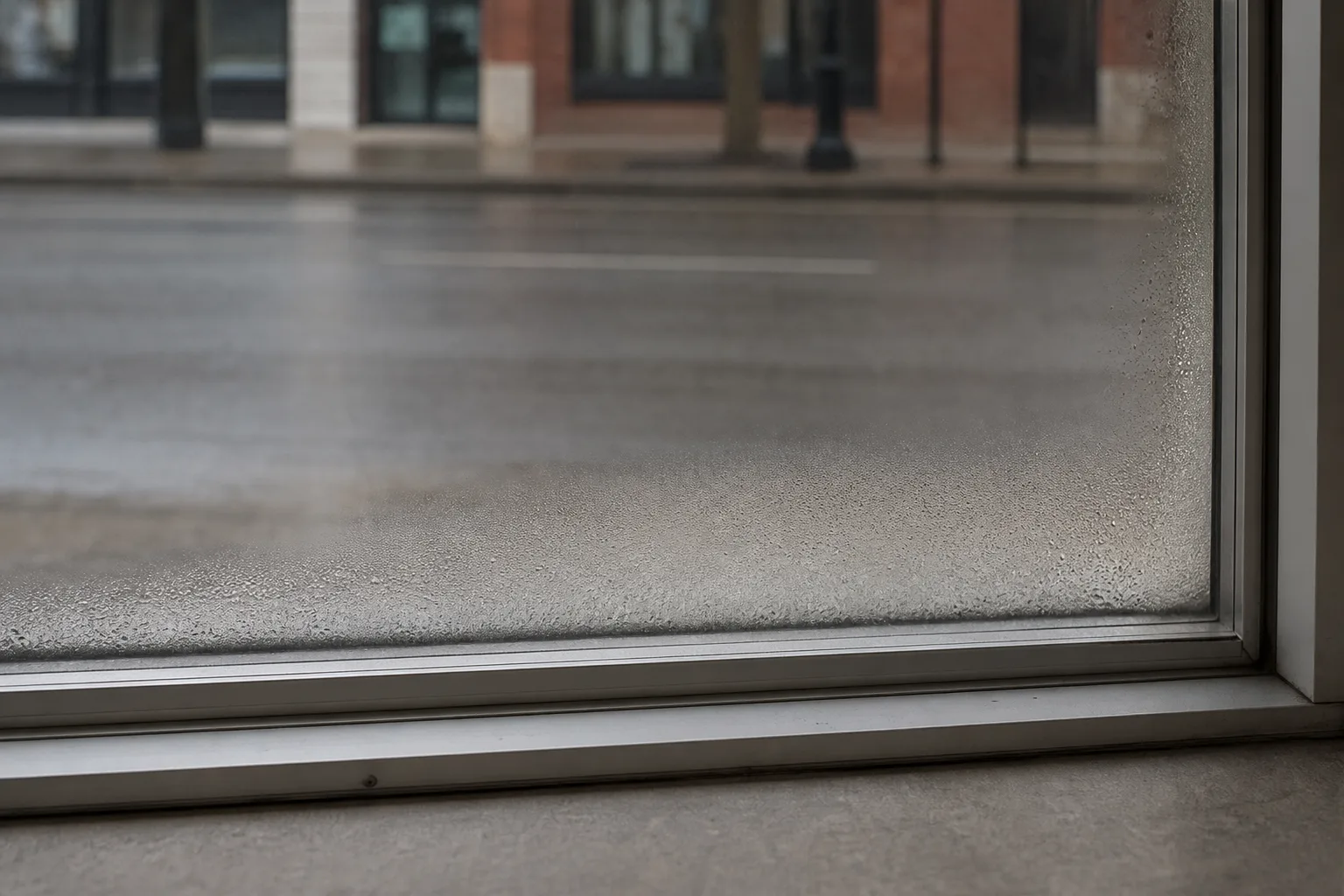 Close-up of a large commercial storefront window from inside, with condensation forming in a narrow band along the bottom edge and corners of the glass, an a...