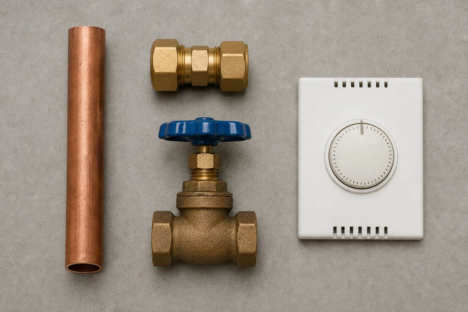 A cut section of copper supply pipe, a compression fitting, a water main shutoff valve and a thermostat faceplate arranged flat on a neutral surface