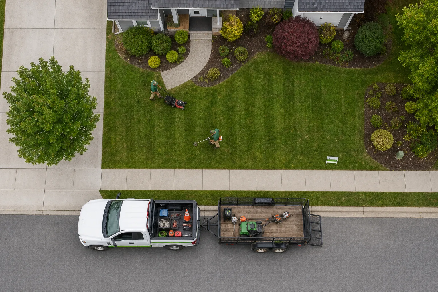 A residential front lawn mid-service, with a maintenance crew's truck and trailer parked at the curb and a small yard sign posted at the edge of the grass