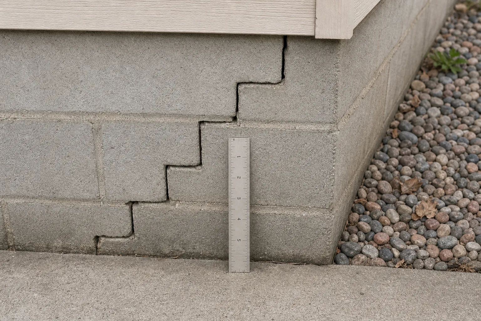 A stair-step crack in a concrete block foundation wall at an exterior corner of a house, with a small ruler held against it for scale