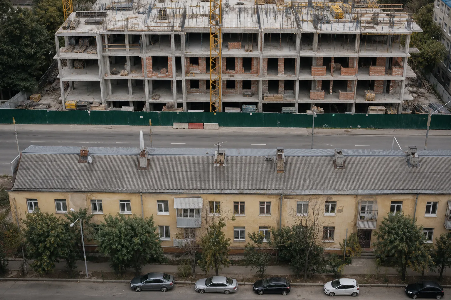 A partially framed mid-rise apartment building behind construction fencing, with an older low-rise residential block directly across the street