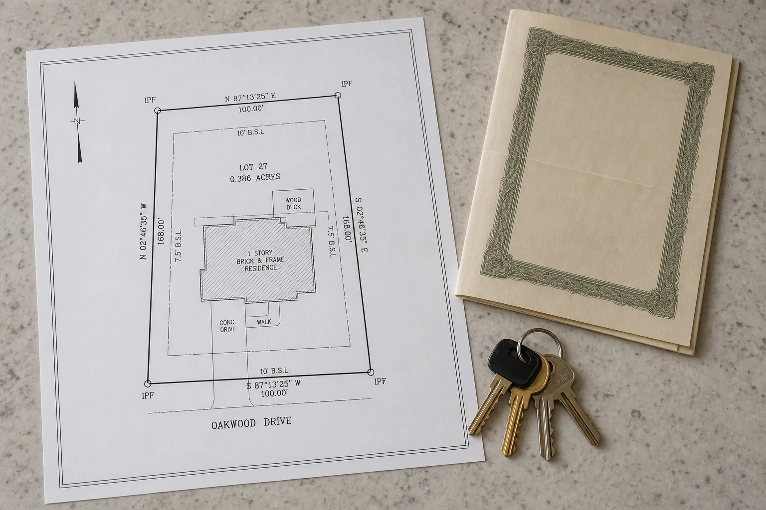 A sealed boundary survey drawing of a residential lot spread flat on a kitchen table beside a folded property deed and a set of house keys