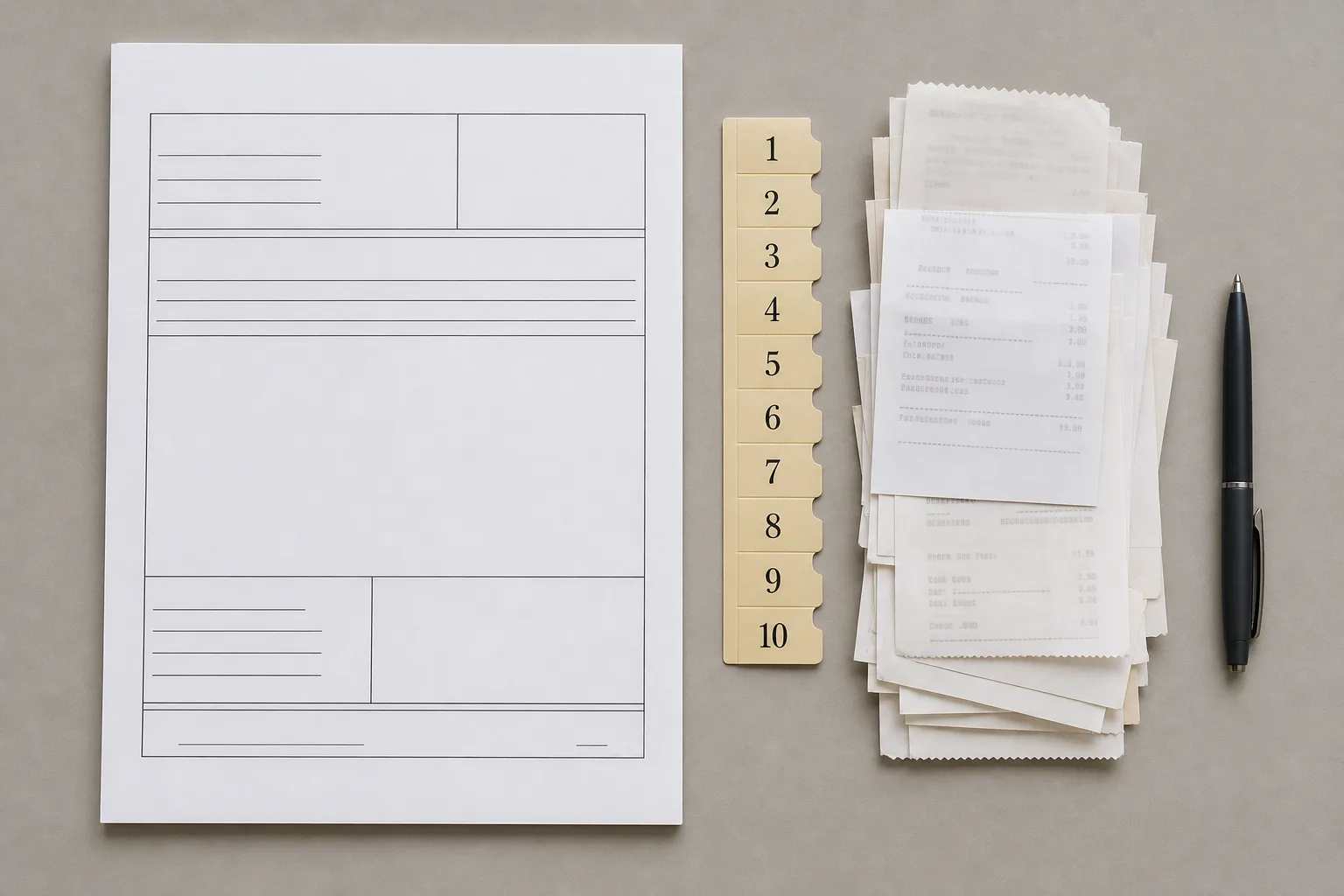 A blank court filing form, a numbered set of exhibit tabs, a stack of receipts and a pen arranged flat on a plain table