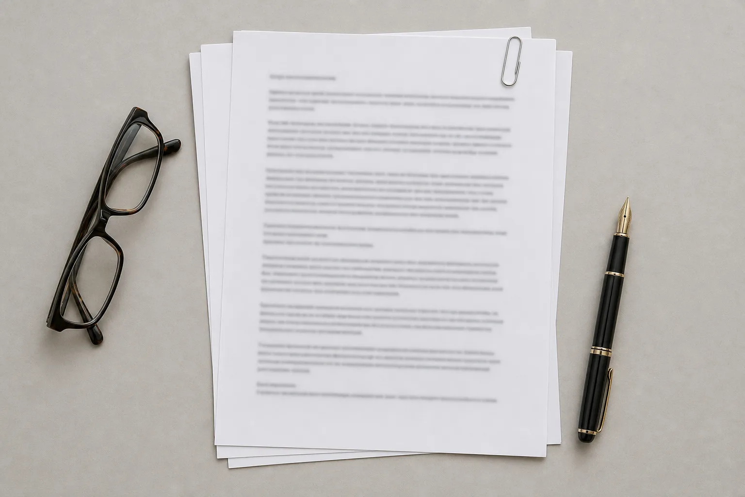 A multi-page printed agreement with unreadable blurred text, a fountain pen, a pair of reading glasses and a paper clip arranged flat on a plain desk
